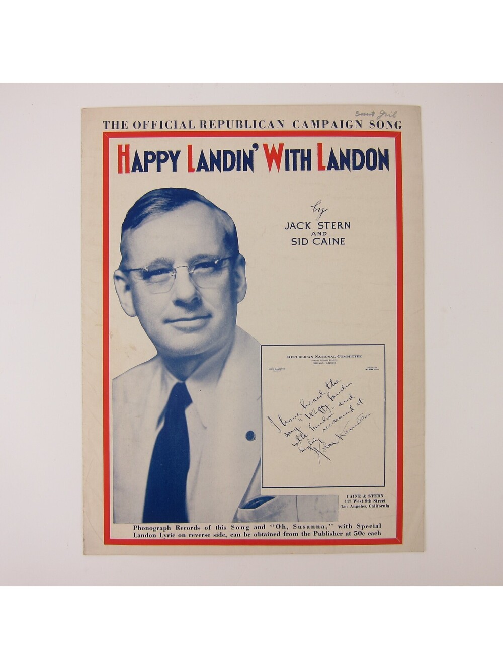 Alf Landon Presidential Campaign 1936 Sheet Music Happy Landin' With Landon